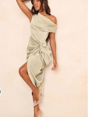 PrettyLittleThing One-Shoulder Sage Twist Midi Dress